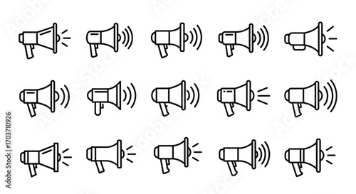 Set of hand drawn megaphone icons representing sound announcement and loud noise communication symbols vector