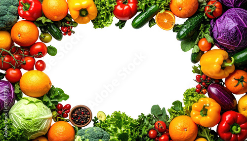 Vibrant colorful fruit and vegetable border framing a black center