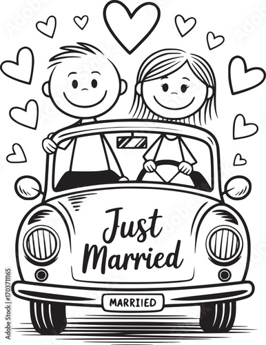 Love's Journey: A charming cartoon illustration depicts a newly married couple joyfully embarking on their journey together, their car adorned with the Just Married message.