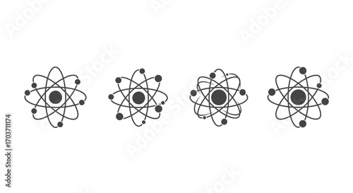 Four abstract atomic symbols with orbiting electrons in a row on vector