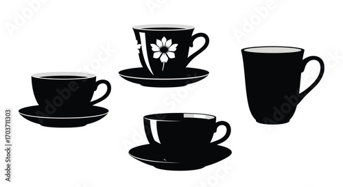 Collection of four black coffee cups and saucers arranged on a white surface for beverage service vector