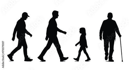 Diverse silhouettes of people walking together representing family generations and community connection vector