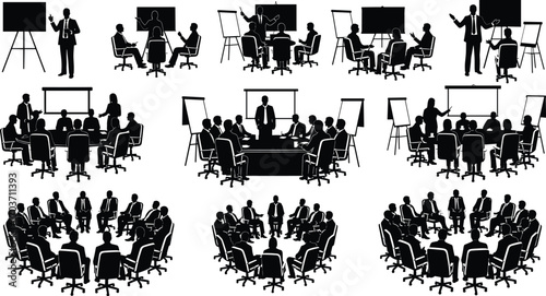 Black and white business meeting silhouette collection with presentations, round table discussions, teamwork collaboration, corporate office scenes, professional vector illustration set