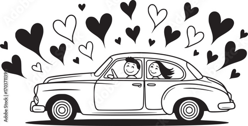 Love Ride: A black and white illustration captures the warmth of a romantic journey, a couple embarked on a drive, surrounded by expressions of affection.