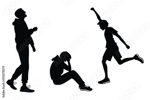 Silhouettes of three young men in dynamic poses showcasing movement and emotion against a white background
