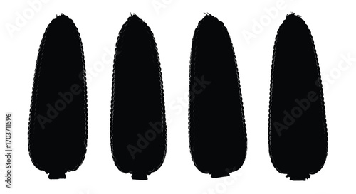 Four identical black corn cobs silhouetted against a white backdrop vector