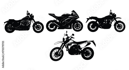 Collection of four silhouetted motorcycles displaying diverse styles and designs for automotive enthusiasts vector