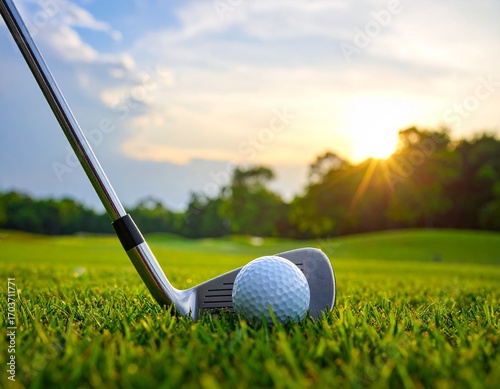 A golf club poised to strike the ball on a vibrant green lawn as the sun sets or rises in the background, symbolizing sport and leisure