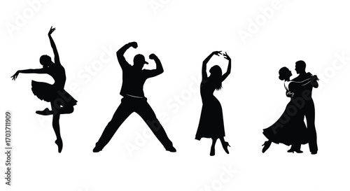 Silhouettes of diverse dancers in dynamic poses showcasing ballet ballroom and modern styles vector