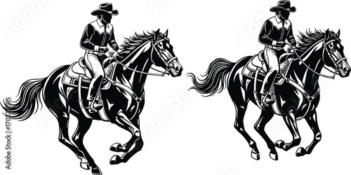 Black and white cowboy horseback riding illustration with galloping horse, Western culture theme, detailed vector art, vintage style equestrian sceneBlack and white cowboy horseback riding 