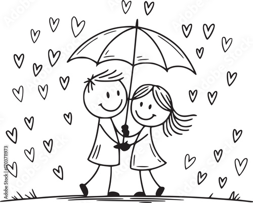 Eternal Love: A heart-filled illustration of a couple walking hand-in-hand under an umbrella, surrounded by a flurry of heart shapes. Depicting their relationship.