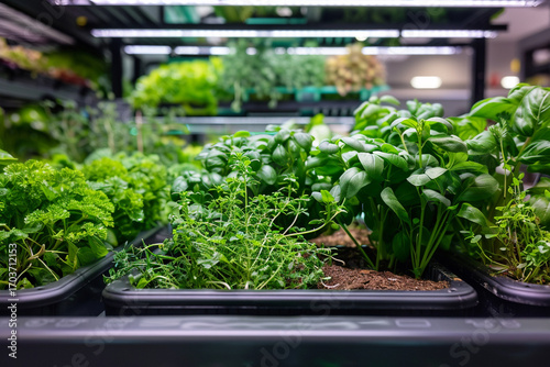 A smart garden system with AI-controlled irrigation and nutrient delivery, showcasing a variety of fresh herbs and vegetables