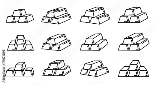 Collection of hand drawn gold bullion ingots stacked in various arrangements vector