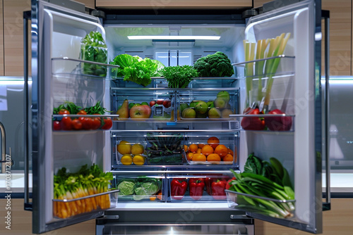 A smart refrigerator with transparent doors, displaying organized fresh produce and intelligent inventory tracking