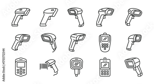 Collection of handheld barcode scanners in a sketchy outline style for retail and logistics vector