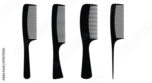 Four black hair combs of varying styles and sizes in a row vector