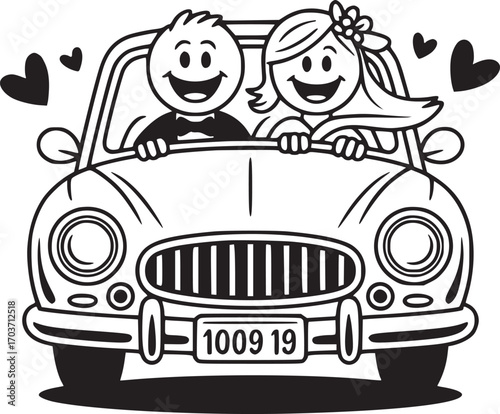 Wedding Car Journey: A whimsical black-and-white illustration captures the joy of a newlywed couple embarking on their journey of love in a vintage car, their hearts full of dreams and anticipation.
