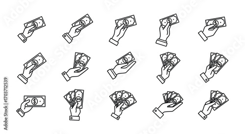 Diverse hand gestures holding cash currency creating a collection of financial transaction symbols vector