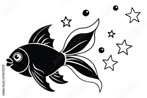 Whimsical black goldfish swimming among stars and bubbles in a dreamy underwater scene