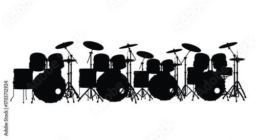 Silhouette of a complete drum set with multiple cymbals and stands for music performance vector
