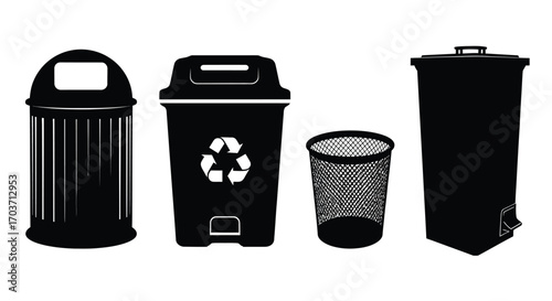 Collection of four diverse trash cans and bins for waste disposal and recycling vector
