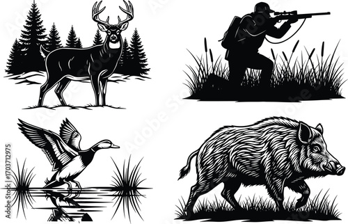 Black and white wildlife hunting illustration set with deer, hunter, duck, wild boar, nature scenes, vector art, outdoor sport design
