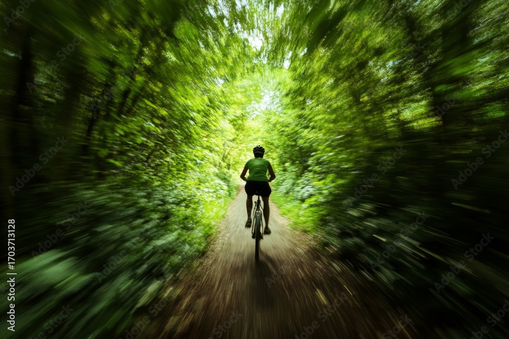 Obraz premium Cyclist in lush green forest path
