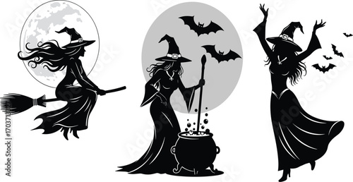 Black and white witch silhouettes flying on broomstick, stirring cauldron, and dancing with bats under moonlight for Halloween vector illustration