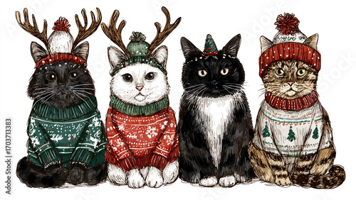 Kawaii Christmas Cats in Festive Sweaters and Hats