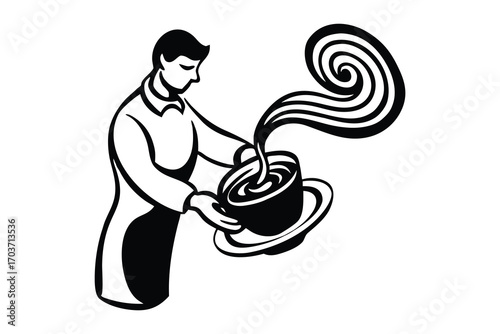 Scientist in lab coat carefully preparing hot beverage with steam rising
