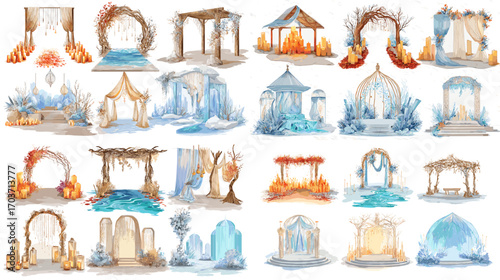 Elegant watercolor illustration of wedding arches in floral and fantasy themes with decorative lights, perfect for event, romance, and celebration design projects.