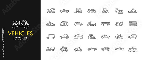 Vehicles line icon set, outline web icon collection containing Car, Bus, Truck and more, vector illustration in line style