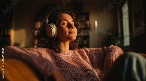 Happy young woman enjoys music with closed eyes and headphones, bathed in sunlight, wearing a cozy pink sweater at home