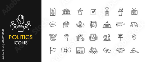 Politics line icon set, outline web icon collection containing Voting, Debate, Government and more, vector illustration in line style