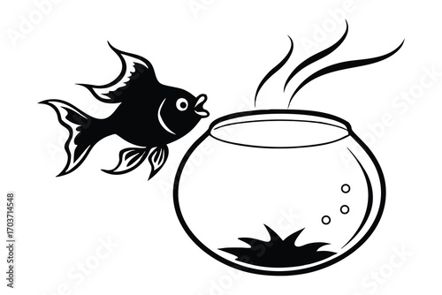 Whimsical black fish peeking into a round fishbowl with bubbles and plant