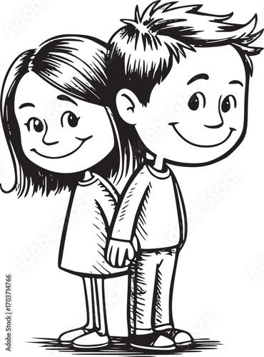 Cartoon Friendship: A close-up monochrome illustration depicts two smiling cartoon children, a boy and a girl, standing back to back, symbolizing a strong bond of friendship and unity. 