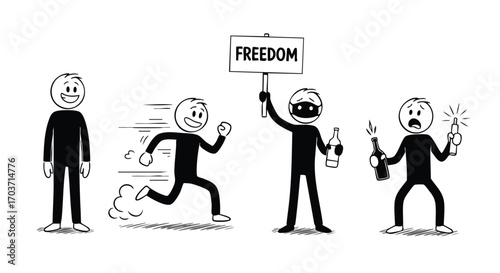 A series of stick figures representing various emotions and actions, including freedom and protest.