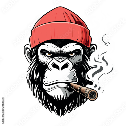 Black background, Black and white silhouette face of a black gorilla looking angrily at a slight angle smoking a lit cigar as smoke flows gorilla is wearing a red beanie