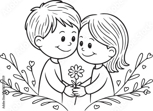 Love’s Embrace:  Two cartoon figures, a young couple, sharing an intimate moment as they gaze into each other's eyes, holding a delicate daisy in a line drawing.