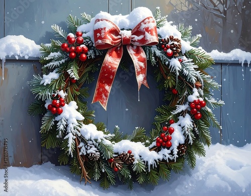 Festive winter scene with snow-covered wreath and bright red bow decoration