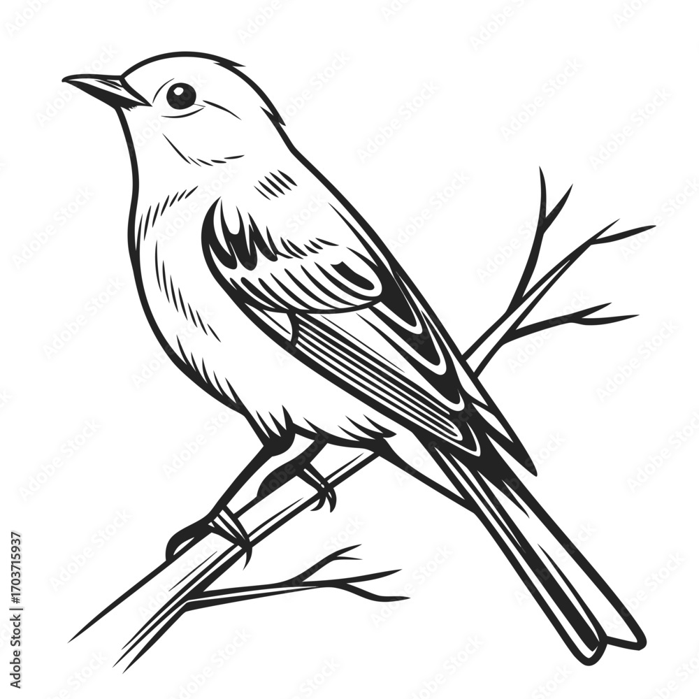Fototapeta premium Elegant black and white line drawing of a small bird perched on a bare branch