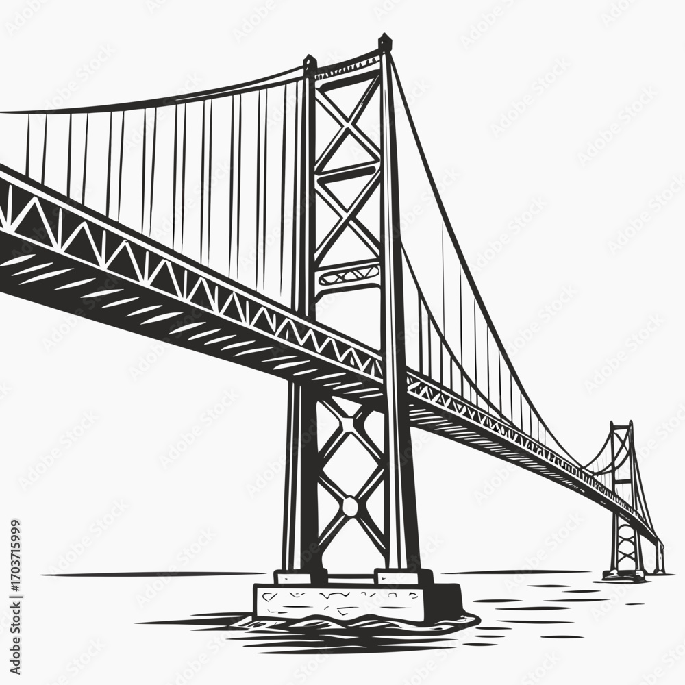 Fototapeta premium Black and white illustration of a suspension bridge spanning over water