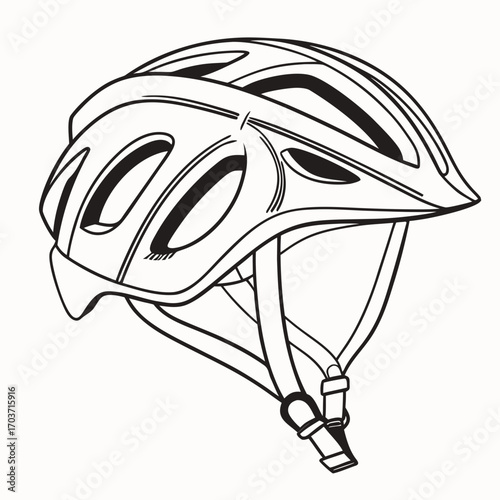 Black and white line art illustration of a modern bicycle helmet with ventilation holes and straps