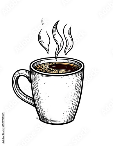 Hand-drawn illustration of a steaming mug of coffee