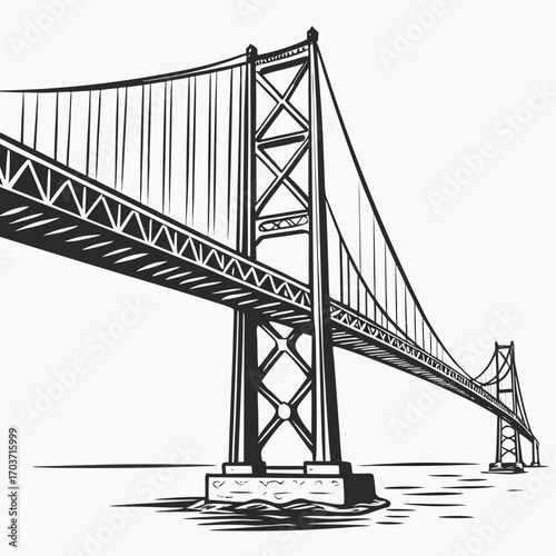 Black and white illustration of a suspension bridge spanning over water