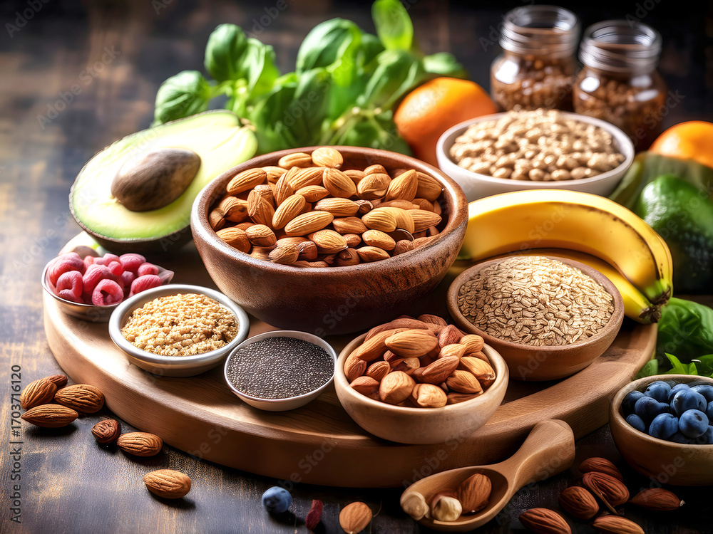 Fototapeta premium A rustic wooden tray laden with a variety of healthy fats and plant-based proteins, including nuts, seeds, and fresh fruits.