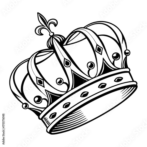Ornate black and white royal crown with fleur de lis and jewels