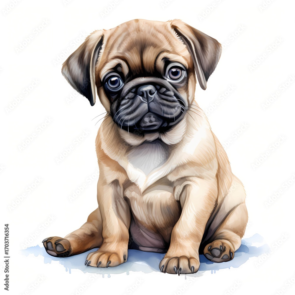 Obraz premium This illustration shows a young pug dog sitting; it is a digital painting with watercolor texture, and the background is light blue and white.