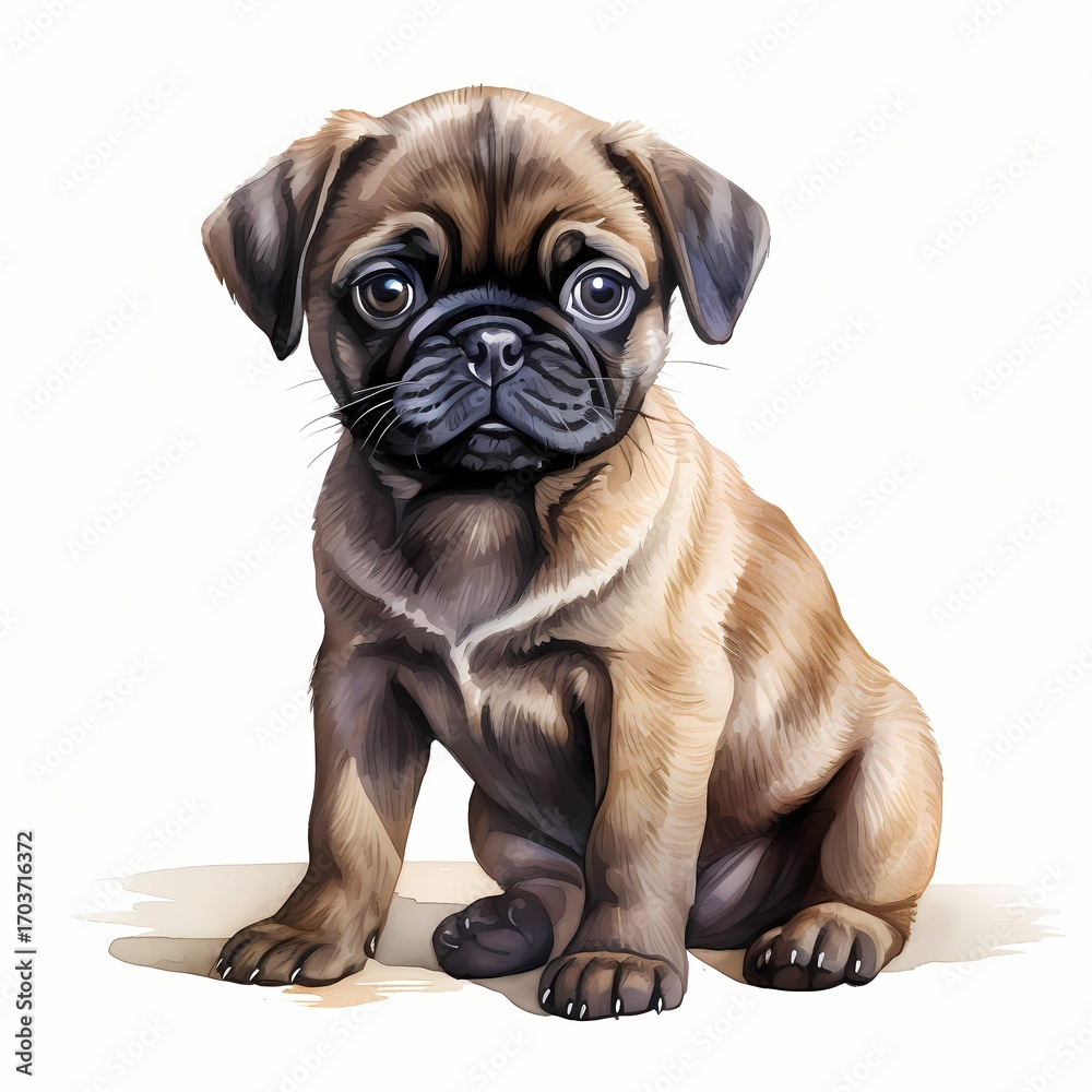 Obraz premium This illustration shows a young pug dog sitting, looking directly at the viewer, against a clean white background.