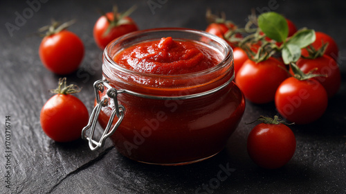 Homemade tomato sauce in a glass jar with fresh tomatoes